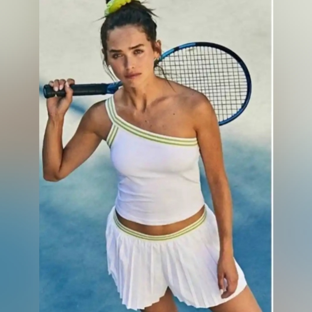 Free People White One-Shoulder Tennis Skirt Set with Lime Trim